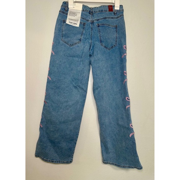 Gogo Jeans Wide Leg Women Size 7/28 Blue New Pink Bow Embroidered Mid-Rise - Picture 6 of 7